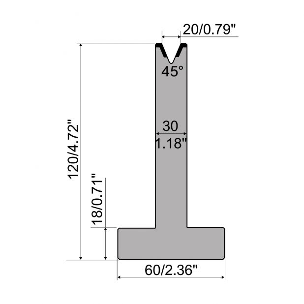 Matrici a T R1 con altezza=120mm, α=45°, Raggio=3mm, Materiale=C45, Portata massima=500ton/m.