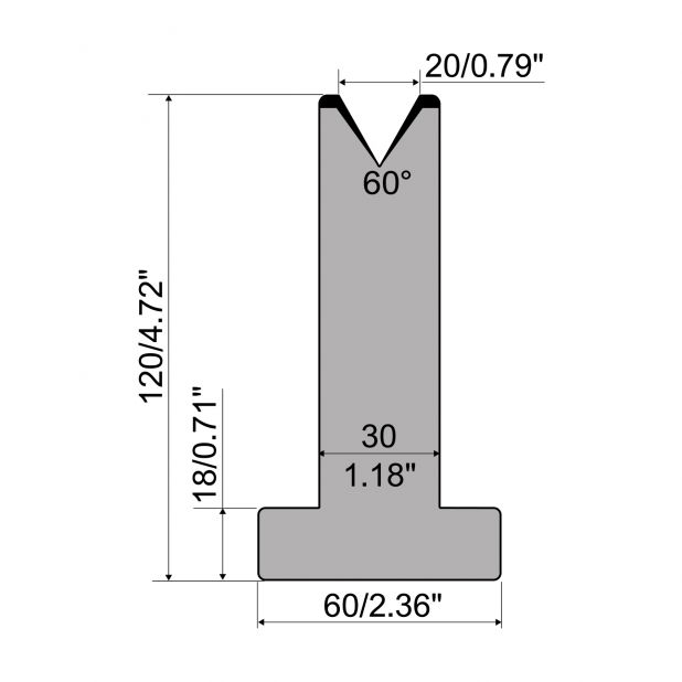 Matrici a T R1 con altezza=120mm, α=60°, Raggio=3mm, Materiale=C45, Portata massima=600ton/m.