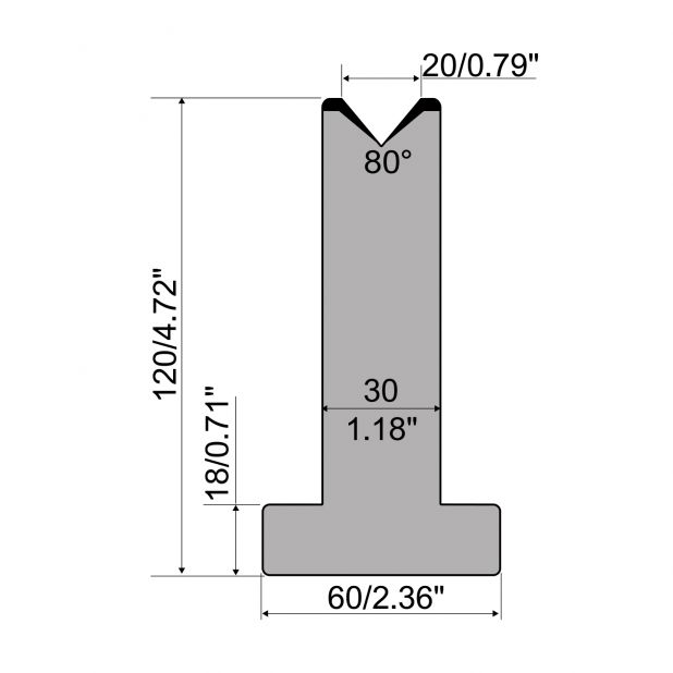 Matrici a T R1 con altezza=120mm, α=80°, Raggio=3mm, Materiale=C45, Portata massima=950ton/m.
