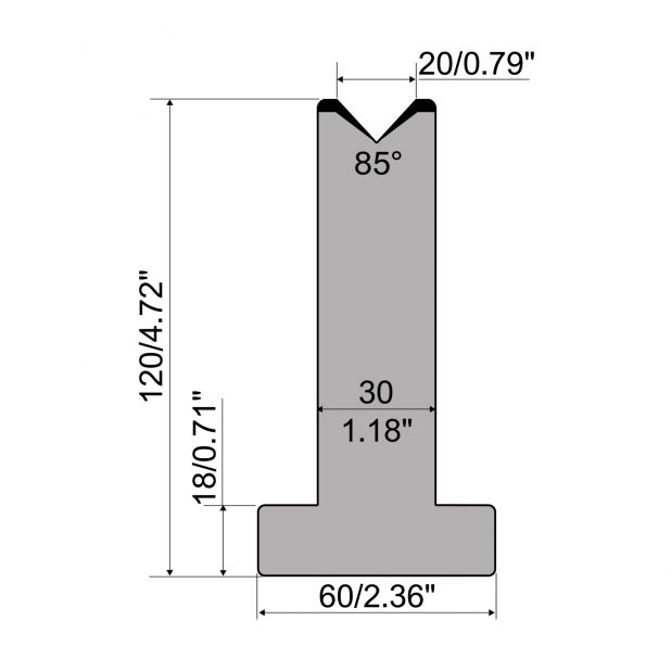 Matrici a T R1 con altezza=120mm, α=85°, Raggio=3mm, Materiale=C45, Portata massima=1000ton/m.