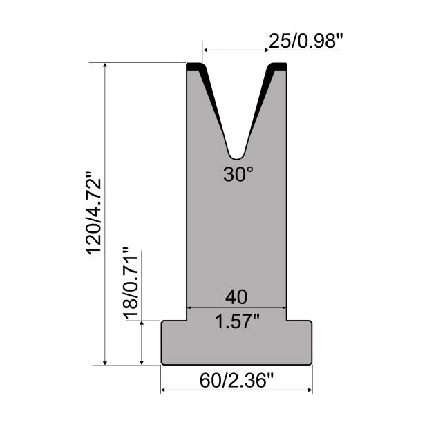 Matrici a T R1 con altezza=120mm, α=30°, Raggio=3mm, Materiale=C45, Portata massima=500ton/m.