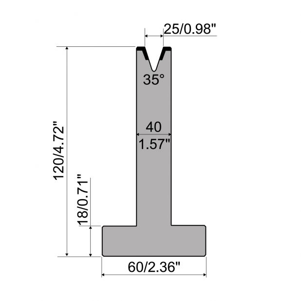 Matrici a T R1 con altezza=120mm, α=35°, Raggio=3mm, Materiale=C45, Portata massima=500ton/m.