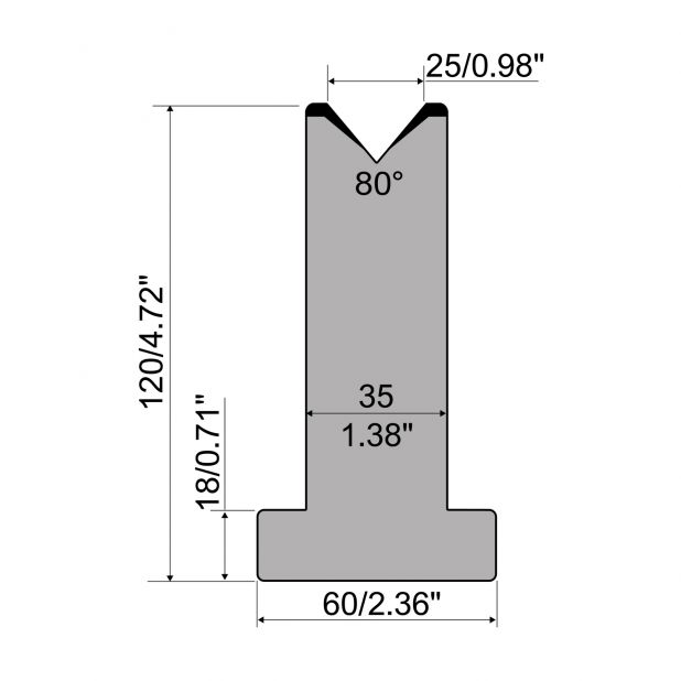Matrici a T R1 con altezza=120mm, α=80°, Raggio=3mm, Materiale=C45, Portata massima=950ton/m.