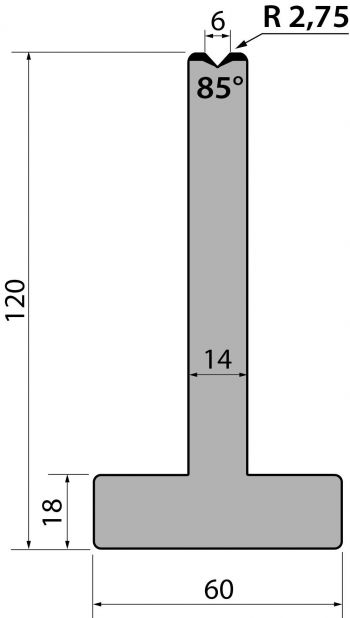 Matrici a T R1 con altezza=120mm, α=85°, Raggio=2,75mm, Materiale=C45, Portata massima=1000ton/m.