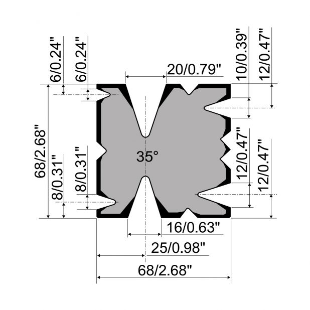 Matrice multi-V R1 con altezza=68mm, α=35°, Materiale=42Cr, Portata massima=300-500kN/m.
