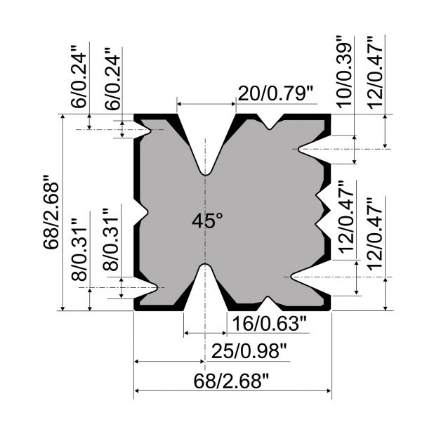 Matrice multi-V R1 con altezza=68mm, α=45°, Materiale=42Cr, Portata massima=400-700kN/m.