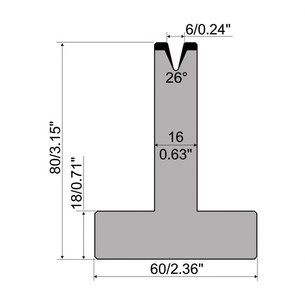 Matrici a T R1 con altezza=80mm, α=26°, Raggio=0,8mm, Materiale=C45, Portata massima=200ton/m.
