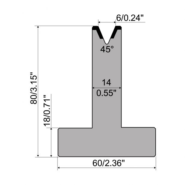 Matrici a T R1 con altezza=80mm, α=45°, Raggio=0,8mm, Materiale=C45, Portata massima=500ton/m.