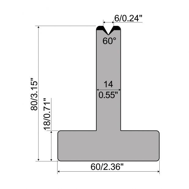Matrici a T R1 con altezza=80mm, α=60°, Raggio=0,5mm, Materiale=C45, Portata massima=600ton/m.
