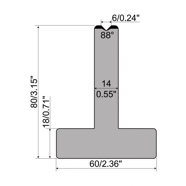Matrici a T R1 con altezza=80mm, α=88°, Raggio=2,75mm, Materiale=C45, Portata massima=1000ton/m.