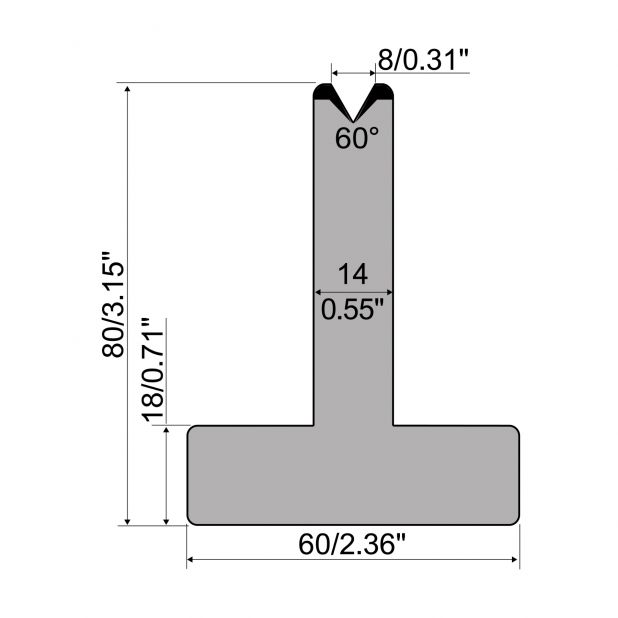 Matrici a T R1 con altezza=80mm, α=60°, Raggio=1,5mm, Materiale=C45, Portata massima=600ton/m.