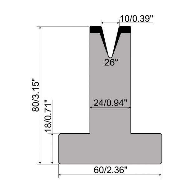 Matrici a T R1 con altezza=80mm, α=26°, Raggio=1,2mm, Materiale=C45, Portata massima=200ton/m.