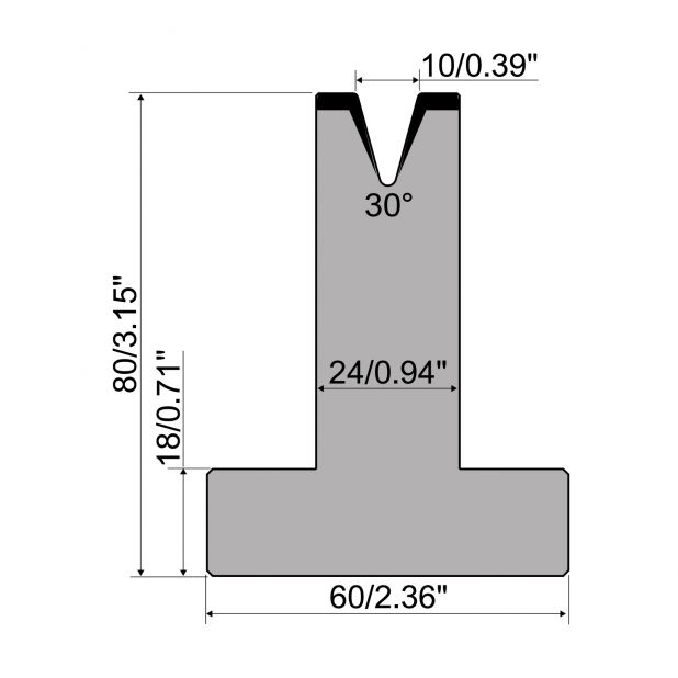 Matrici a T R1 con altezza=80mm, α=30°, Raggio=1mm, Materiale=C45, Portata massima=500ton/m.