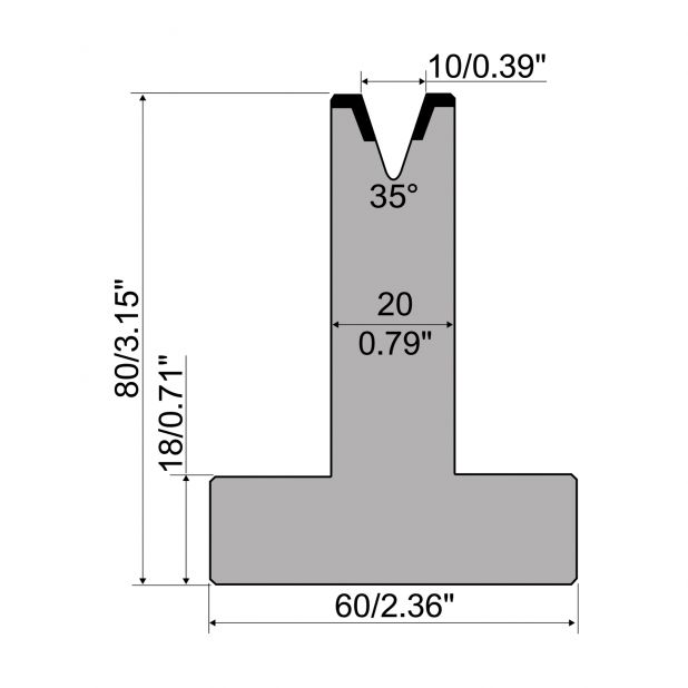 Matrici a T R1 con altezza=80mm, α=35°, Raggio=1,2mm, Materiale=C45, Portata massima=400ton/m.