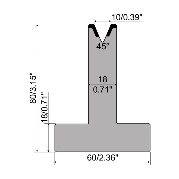 Matrici a T R1 con altezza=80mm, α=45°, Raggio=1,2mm, Materiale=C45, Portata massima=500ton/m.