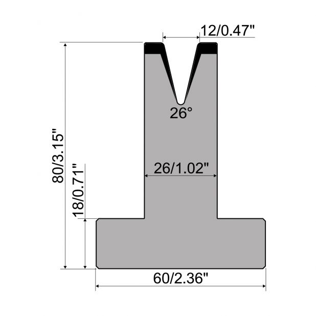 Matrici a T R1 con altezza=80mm, α=26°, Raggio=1,6mm, Materiale=C45, Portata massima=200ton/m.