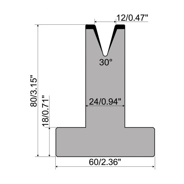 Matrici a T R1 con altezza=80mm, α=30°, Raggio=1,5mm, Materiale=C45, Portata massima=400ton/m.