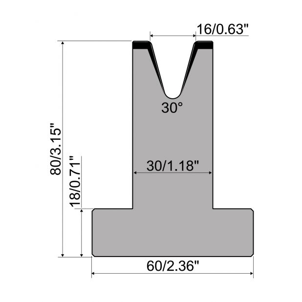 Matrice a T R1 con altezza=80mm, α=30°, Raggio=2mm, Materiale=C45, Portata massima=450ton/m.