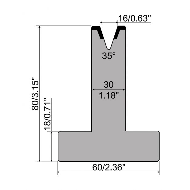 Matrici a T R1 con altezza=80mm, α=35°, Raggio=3mm, Materiale=C45, Portata massima=450ton/m.