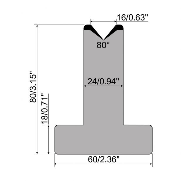 Matrici a T R1 con altezza=80mm, α=80°, Raggio=2,75mm, Materiale=C45, Portata massima=950ton/m.