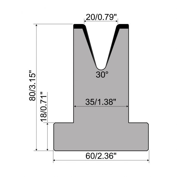 Matrice a T R1 con altezza=80mm, α=30°, Raggio=2,5mm, Materiale=C45, Portata massima=500ton/m.