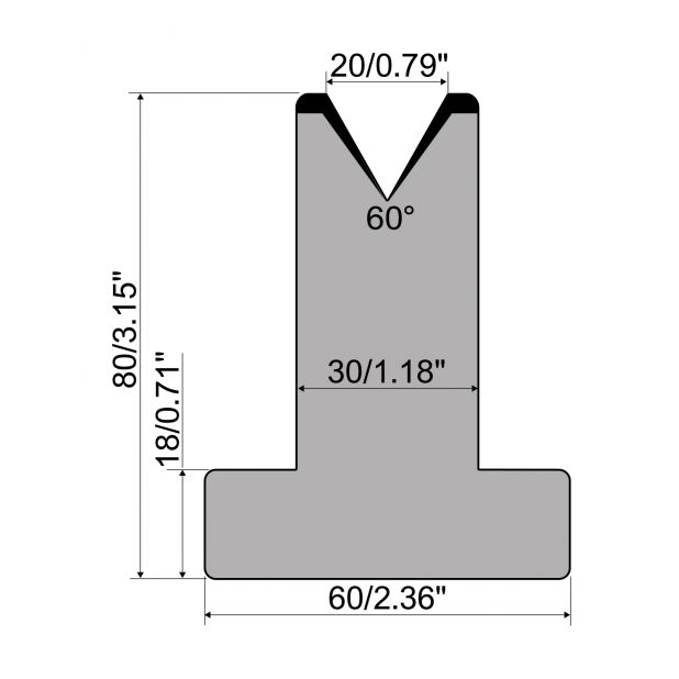 Matrici a T R1 con altezza=80mm, α=60°, Raggio=3mm, Materiale=C45, Portata massima=600ton/m.