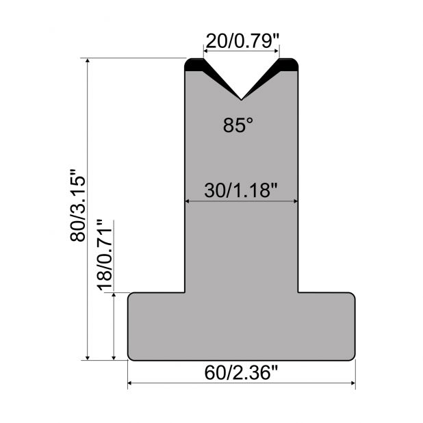 Matrici a T R1 con altezza=80mm, α=85°, Raggio=3mm, Materiale=C45, Portata massima=1000ton/m.