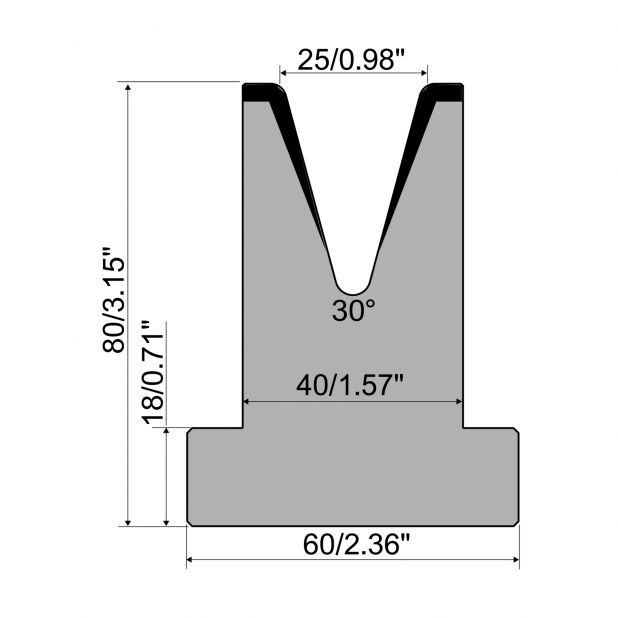 Matrici a T R1 con altezza=80mm, α=30°, Raggio=3mm, Materiale=C45, Portata massima=500ton/m.