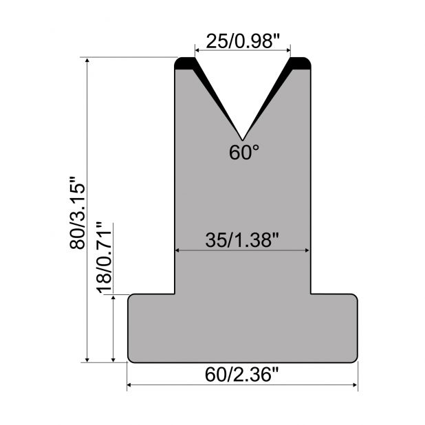 Matrici a T R1 con altezza=80mm, α=60°, Raggio=3mm, Materiale=C45, Portata massima=600ton/m.