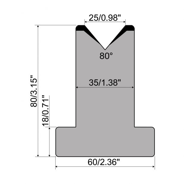 Matrici a T R1 con altezza=80mm, α=80°, Raggio=3mm, Materiale=C45, Portata massima=950ton/m.