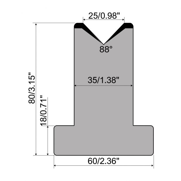 Matrici a T R1 con altezza=80mm, α=88°, Raggio=3mm, Materiale=C45, Portata massima=1000ton/m.