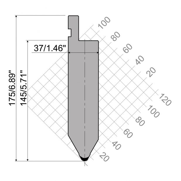 Punzone R1 serie TOP con altezza di lavoro=145mm, α=60°, Raggio=5mm, Materiale=42Cr, Portata massima=1600ton