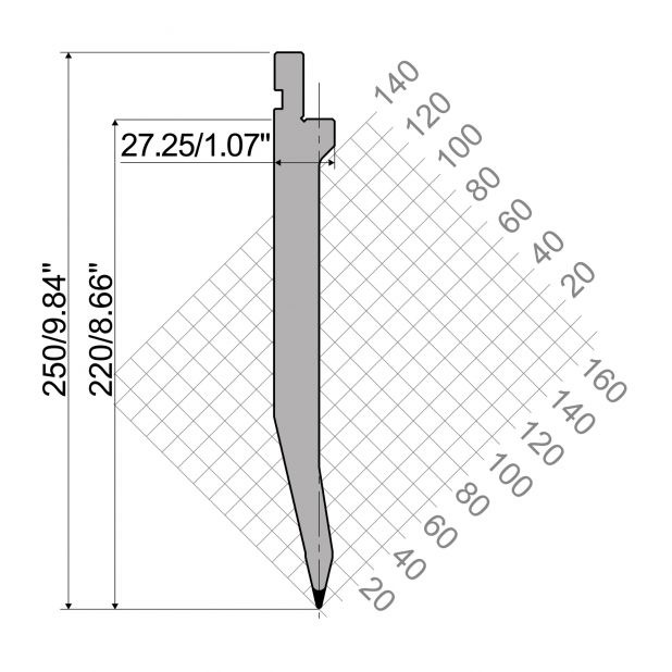 Punzone R1 serie TOP con altezza di lavoro=220mm, α=26°, Raggio=1mm, Materiale=42Cr, Portata massima=1000ton