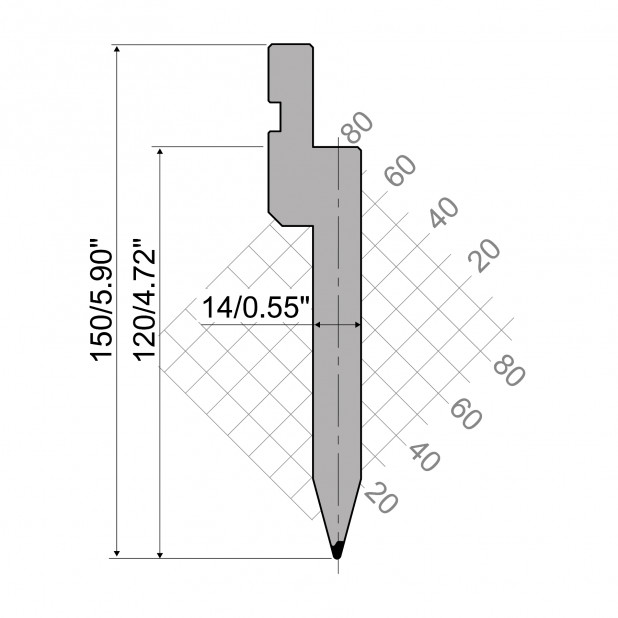 Punzone R1 Serie TOP con altezza di lavoro=120mm, α=30°, Raggio=1,2mm, Materiale=C45, Portata massima=1000kN