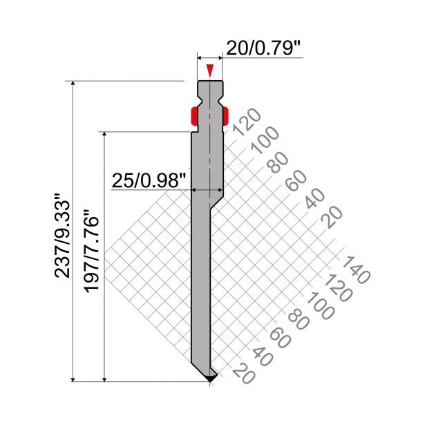 Punzone R2 con altezza di lavoro=200mm, α=90°, Raggio=0,6mm, Materiale=42Cr, Portata massima=600kN/m.